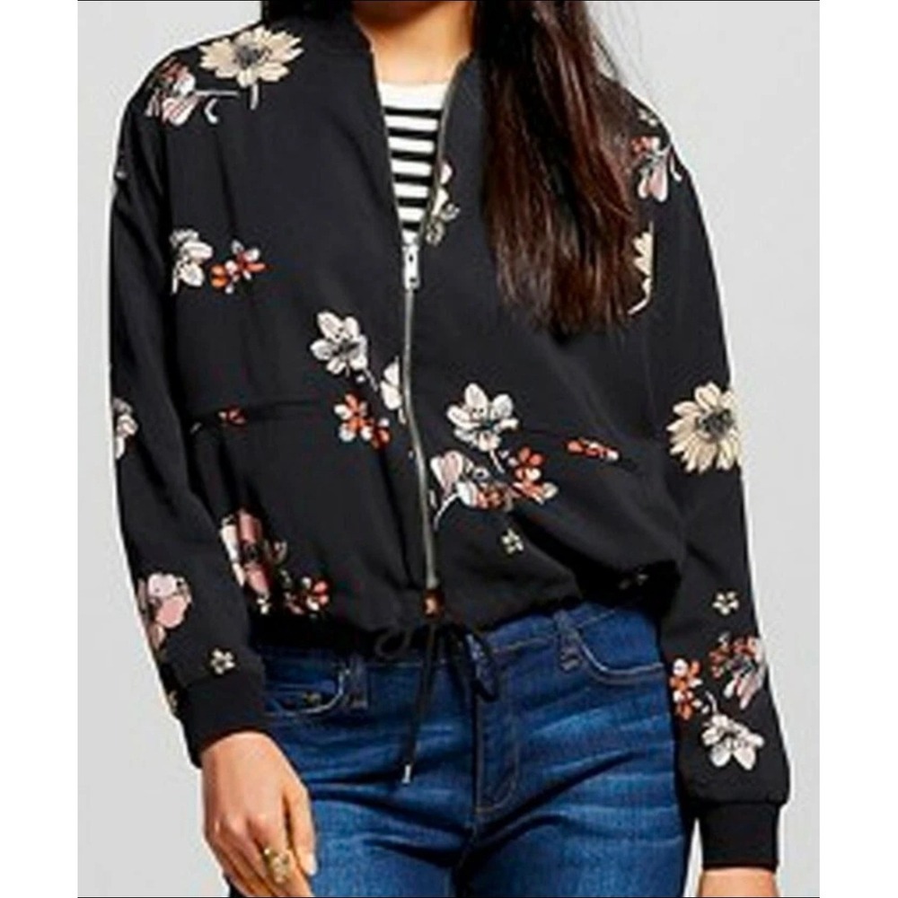 Who What Wear Womens 1X Floral Bomber Jacket Ebony Scattered Sakura Black NWT